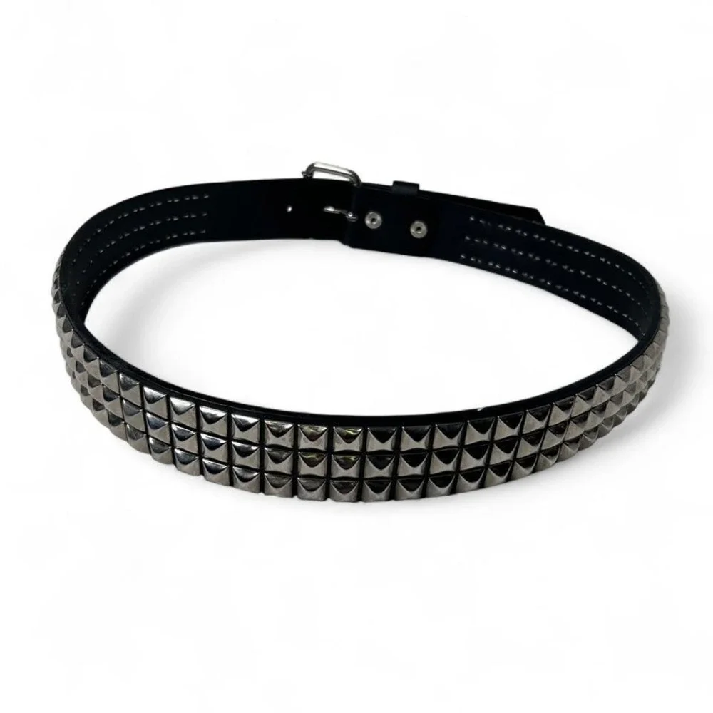 Studded Leather Belt Mens Womens Unisex 3-Rows Metal Pyramid Punk‎
